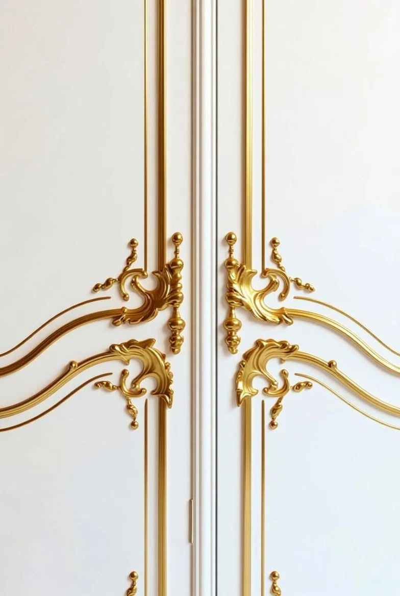 Decorative gold door handles on a white door