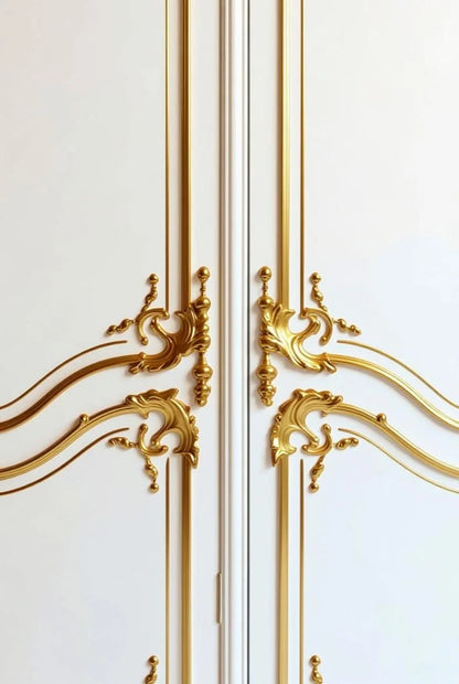 Decorative gold door handles on a white door