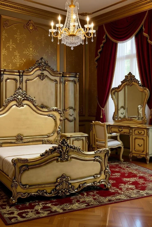 Golden Chateau royal French provincial king bedroom suite with gold carved bed, wardrobe, vanity, and chandelier