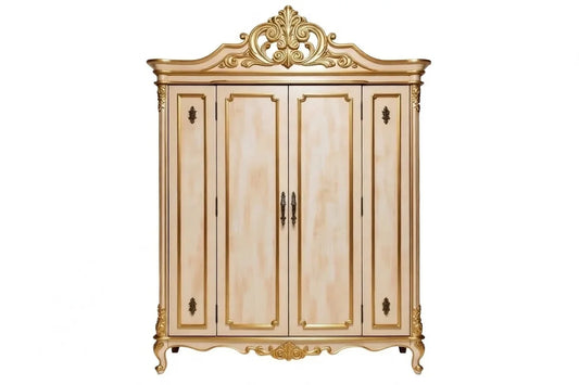 Decorative cabinet with gold accents on a white background