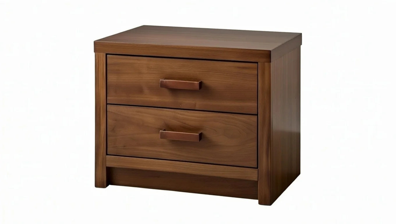 Solid wood two-drawer nightstand from Grandeur modern king size bedroom suite with upholstered headboard