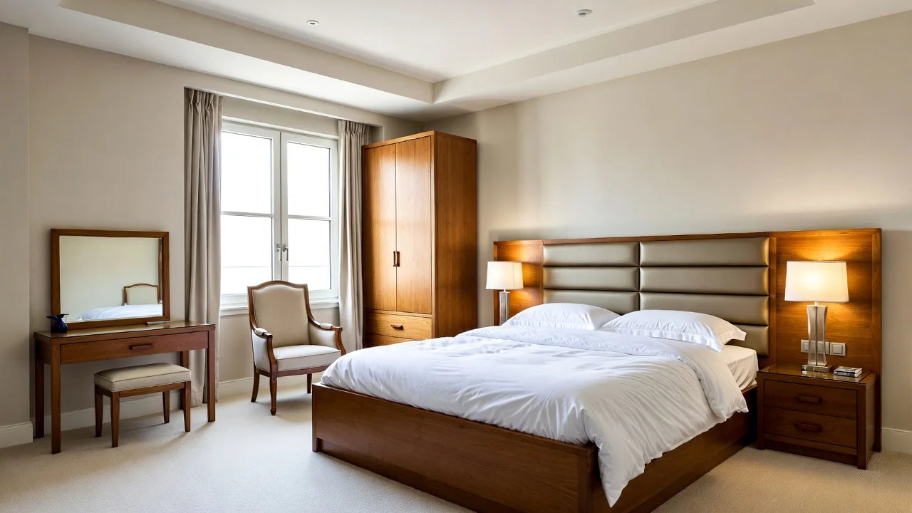 Modern bedroom with wooden furniture, including a bed, wardrobe, and desk.