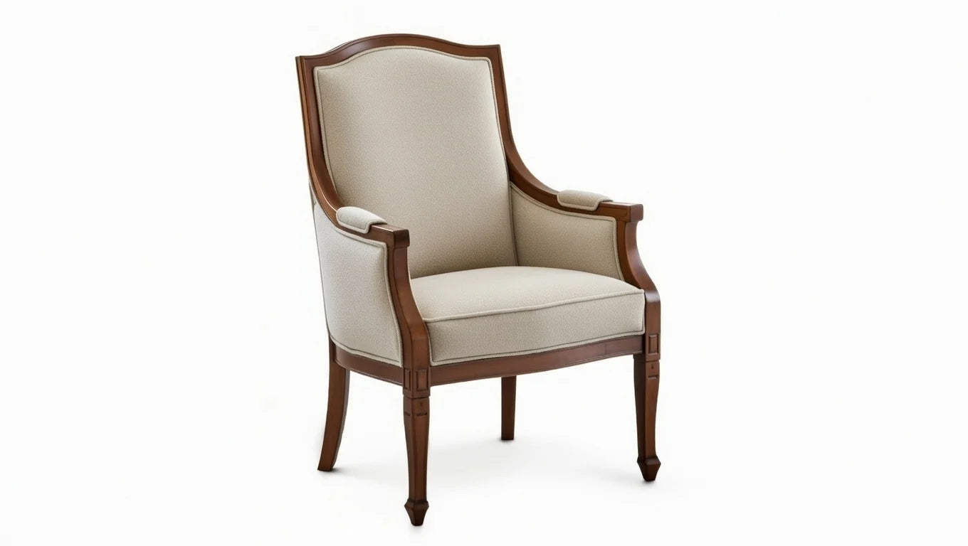 Chair with wooden frame and beige cushion on a white background