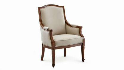 Chair with wooden frame and beige cushion on a white background