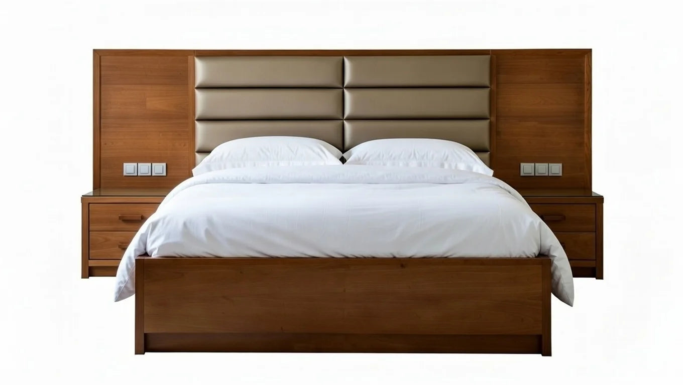 Wooden bed with white bedding on a white background