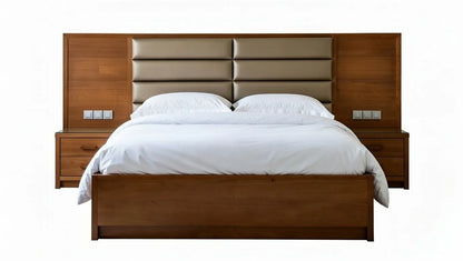 Wooden bed with white bedding on a white background