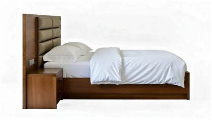 Side view of Grandeur modern solid wood king bed with upholstered headboard and nightstand