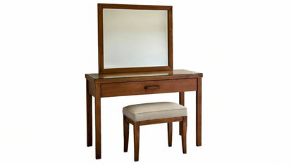 Modern solid wood dressing table with large mirror and beige upholstered stool from Grandeur suite