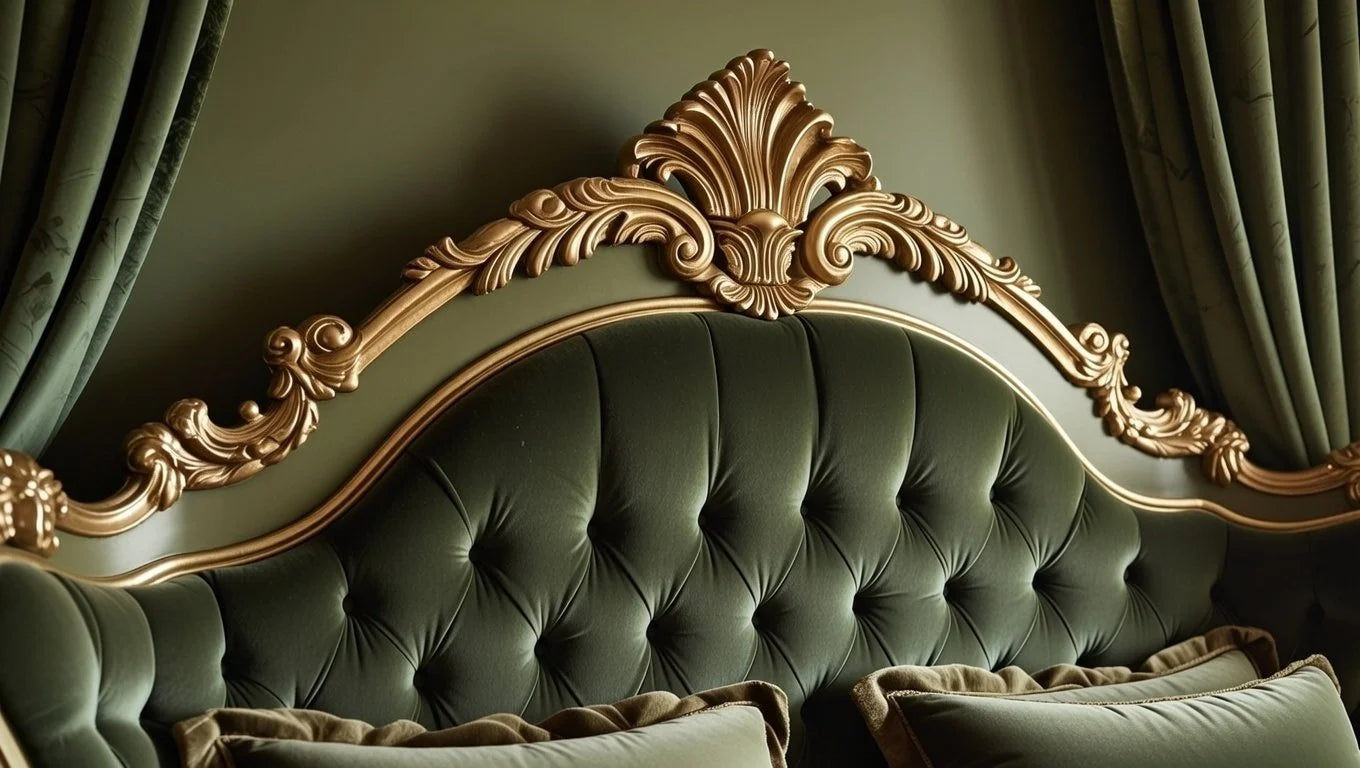 Hand-carved gold leaf detailing on a deep button tufted green velvet headboard