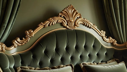 Hand-carved gold leaf detailing on a deep button tufted green velvet headboard