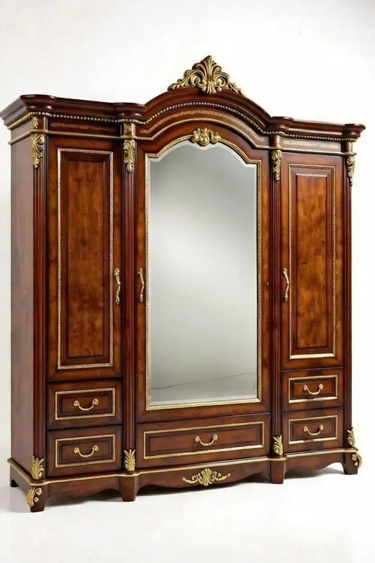 Wooden wardrobe with gold accents on a white background