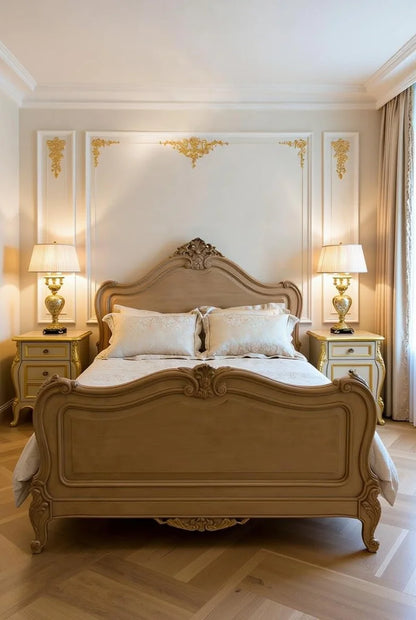 Imperial Luxury French Neo Style Double Bed with Nightstands - Hand Carved | Solid Wood |