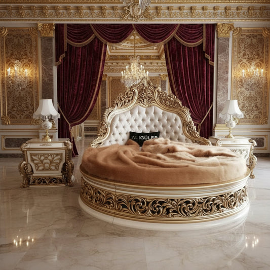 Luxury Grand Cream & Gold Round Bed ,Handcarved Italian Style| Makin' It Home