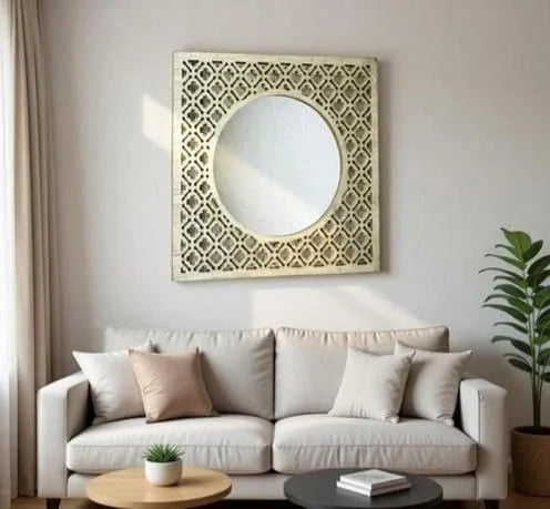 Whitewashed Carved Wood Mirror| Square Farmhouse Wall Decor| Large Boho Wall Mirror, Moroccan Trellis Mirror | Geometric Living Room Art