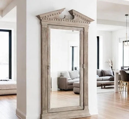 Rustic Pediment Floor Standing Mirror | Hand Carved Tall Full Length Leaning Mirror | Dressing mirror