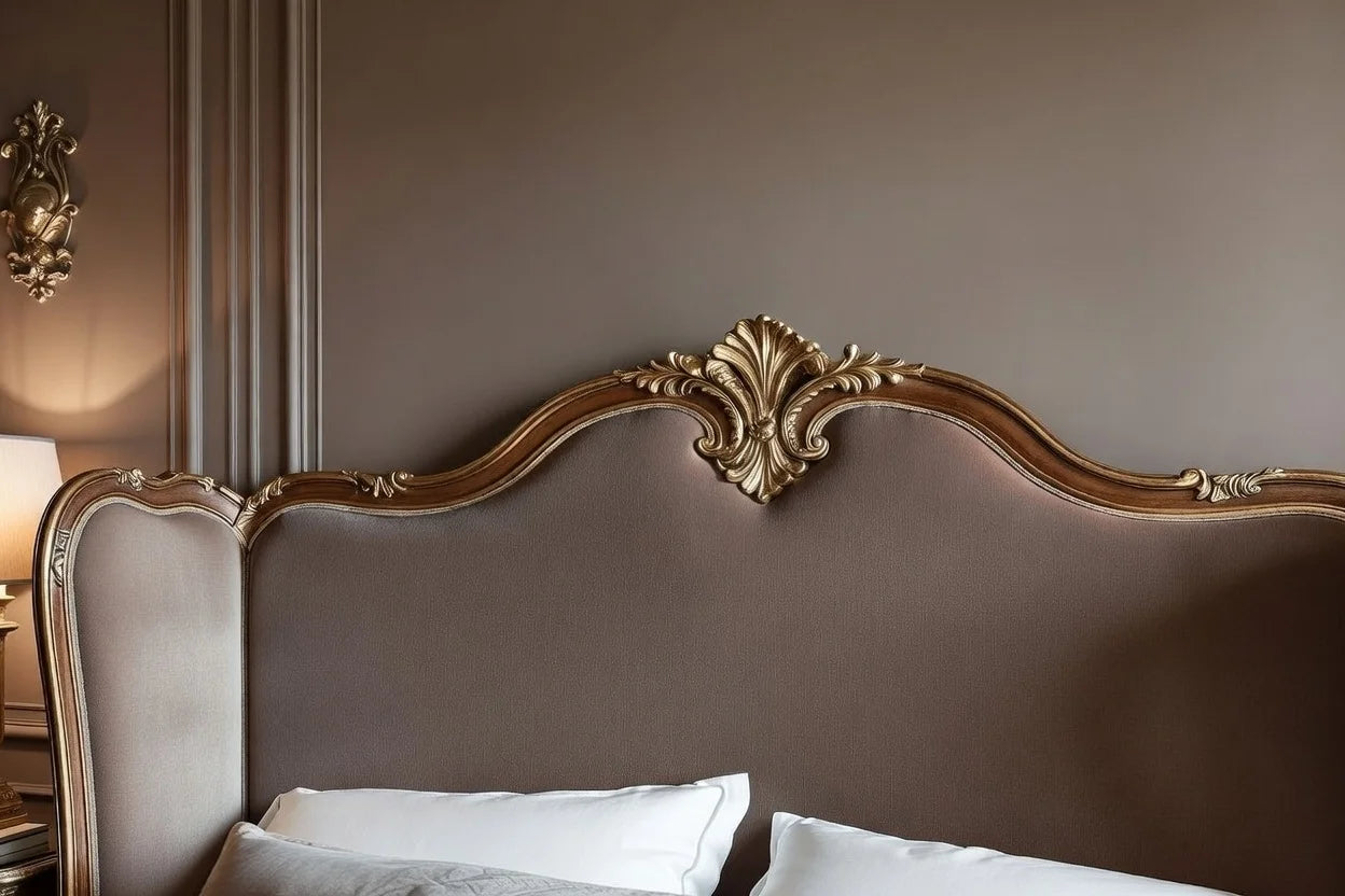 Close-up of French Louis XV carved headboard with premium upholstery, hand-crafted royal Rococo bed detail in solid wood