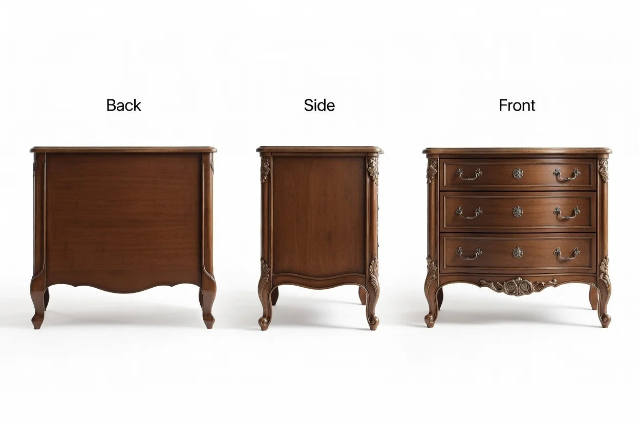 Louis XV French carved nightstand shown from back, side and front views, solid wood Rococo luxury bedside cabinet