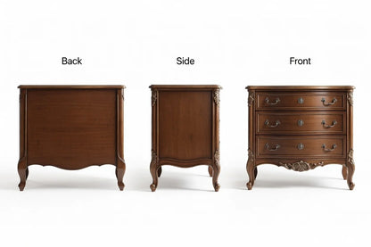 Louis XV French carved nightstand shown from back, side and front views, solid wood Rococo luxury bedside cabinet