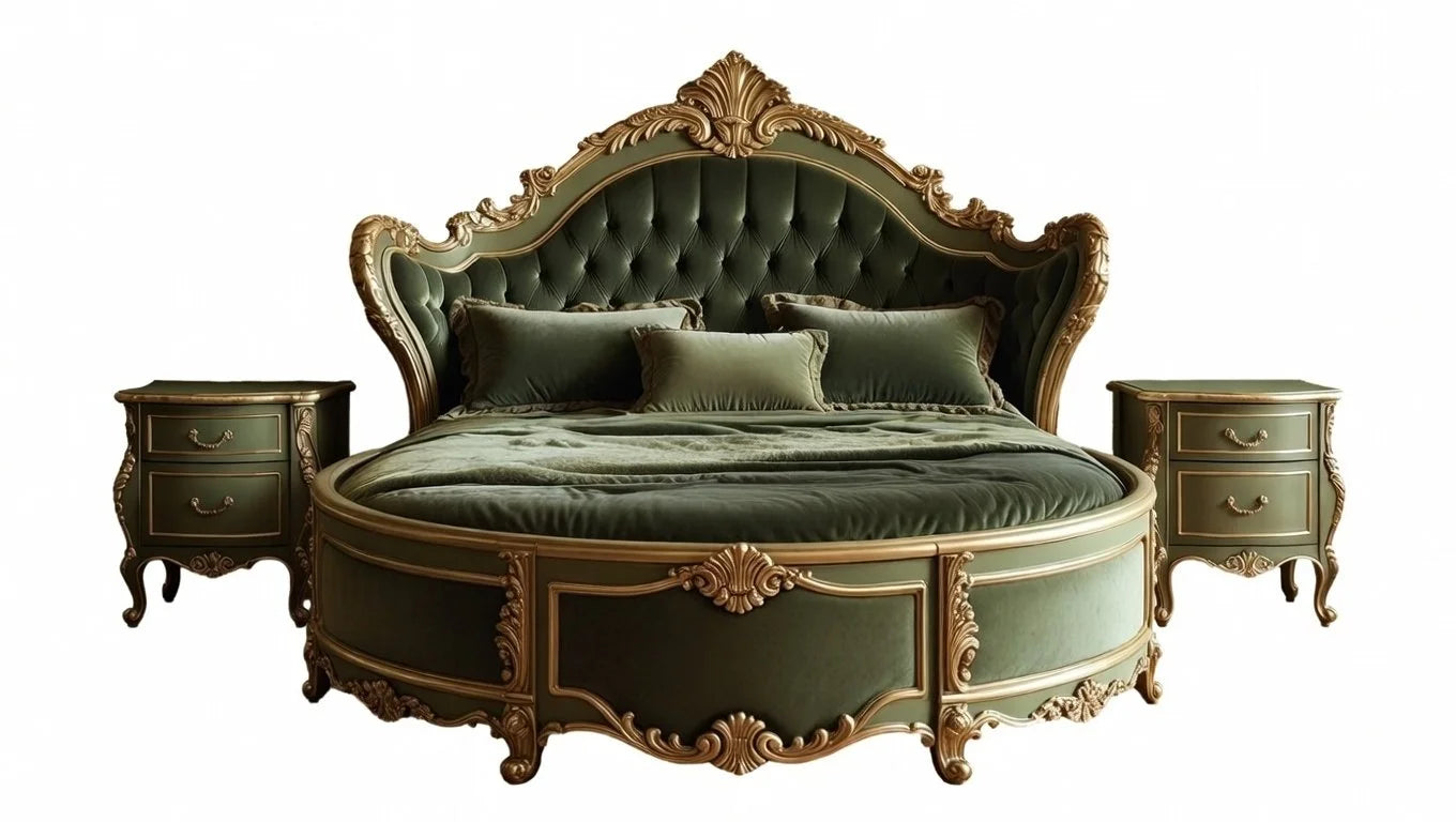 Hand-carved gold leaf detailing on a deep button tufted green velvet headboard