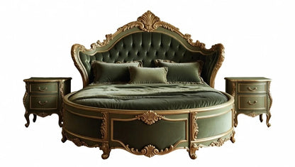 Hand-carved gold leaf detailing on a deep button tufted green velvet headboard