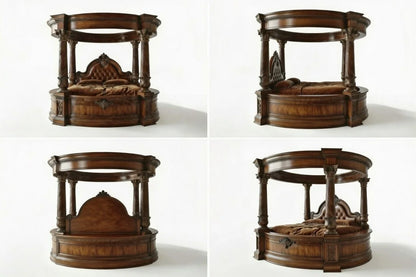 Composite view of a hand-carved  round canopy bed showing multiple angles, including the tufted leather headboard, spiral pillars, and overall structure.

