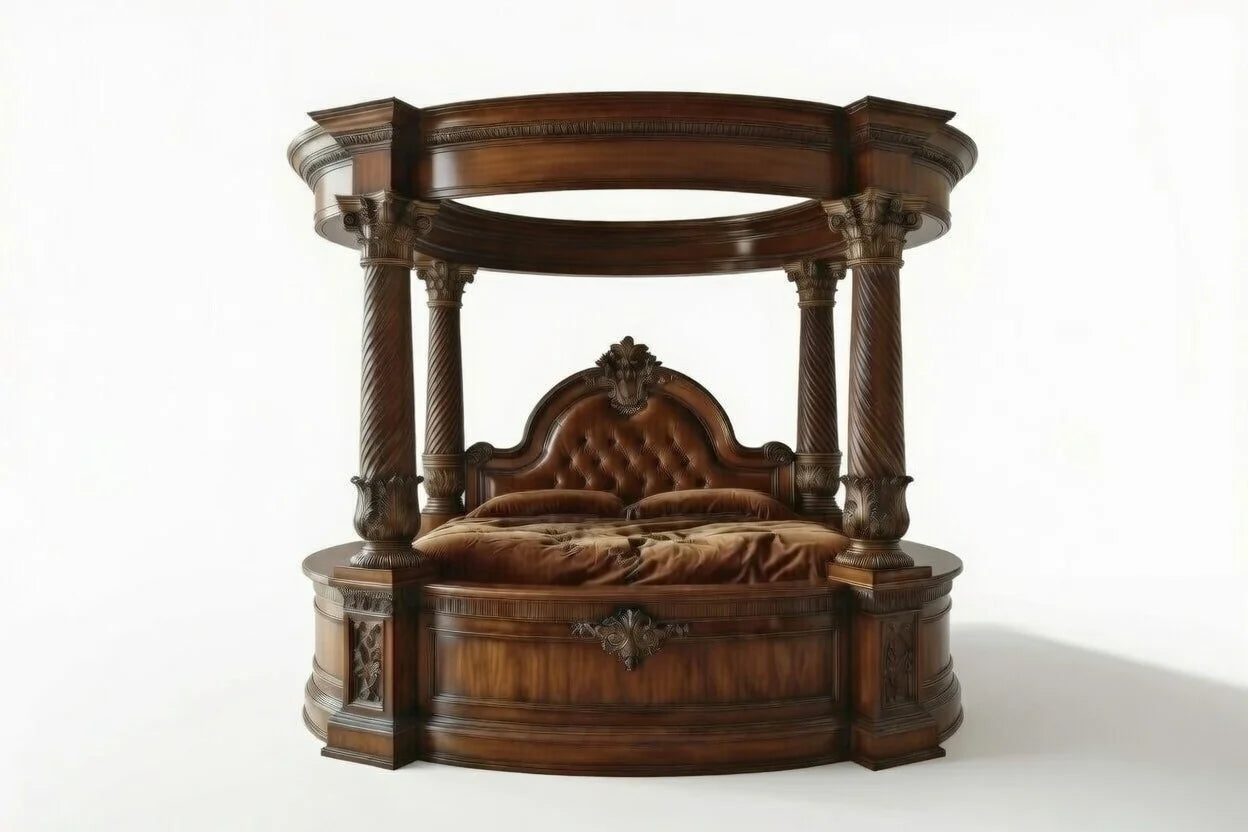 A high-resolution 3D render of a royal round canopy bed isolated on a white background, highlighting the spiral columns and tufted leather headboard.