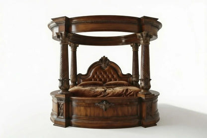 A high-resolution 3D render of a royal round canopy bed isolated on a white background, highlighting the spiral columns and tufted leather headboard.