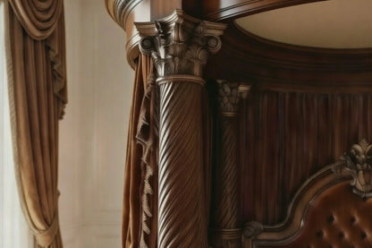 Macro view of intricate floral wood carvings and acanthus leaf motifs on the base of a high-end royal round canopy bed.