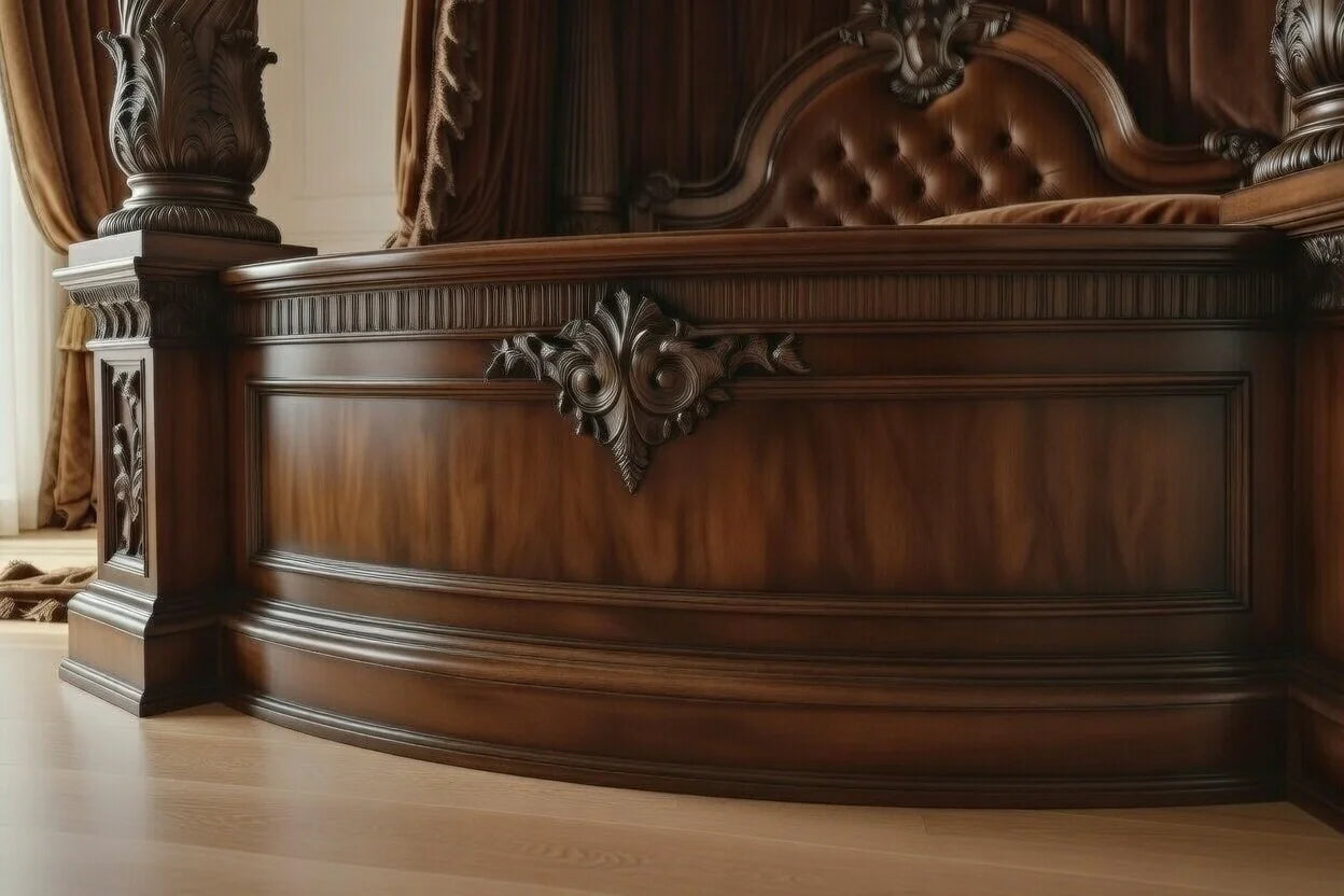 Macro view of intricate floral wood carvings and acanthus leaf motifs on the base of a high-end royal round canopy bed.