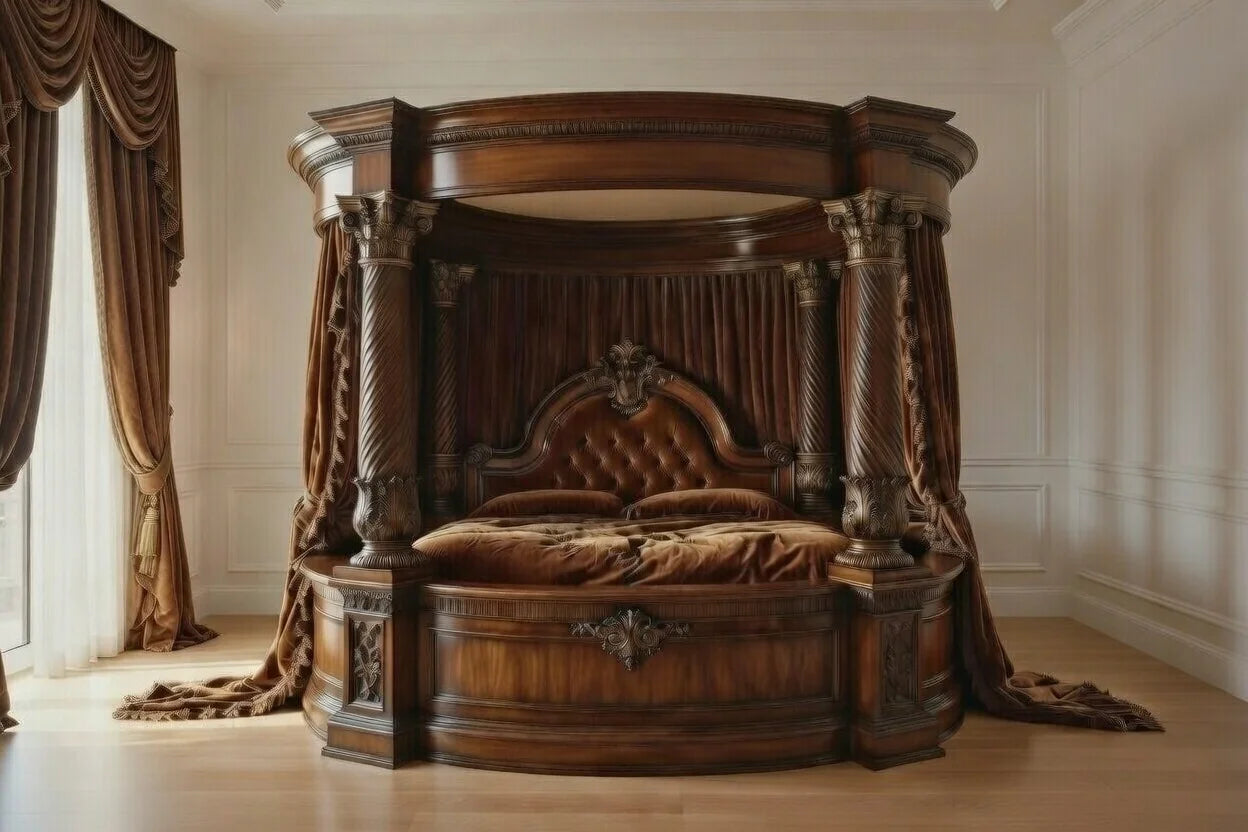 A grand luxury round four-poster canopy bed handcrafted from solid teak wood with a rich antique finish and deep-buttoned leather headboard.