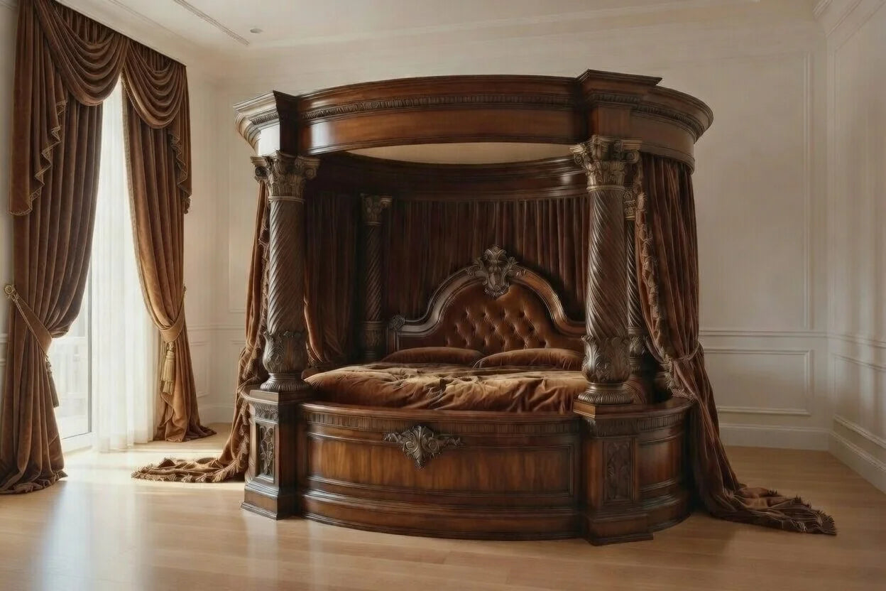 Side profile of an ornate circular canopy bed featuring massive hand-carved spiral Corinthian columns and architectural moldings.