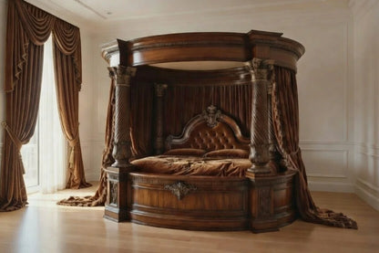 Side profile of an ornate circular canopy bed featuring massive hand-carved spiral Corinthian columns and architectural moldings.