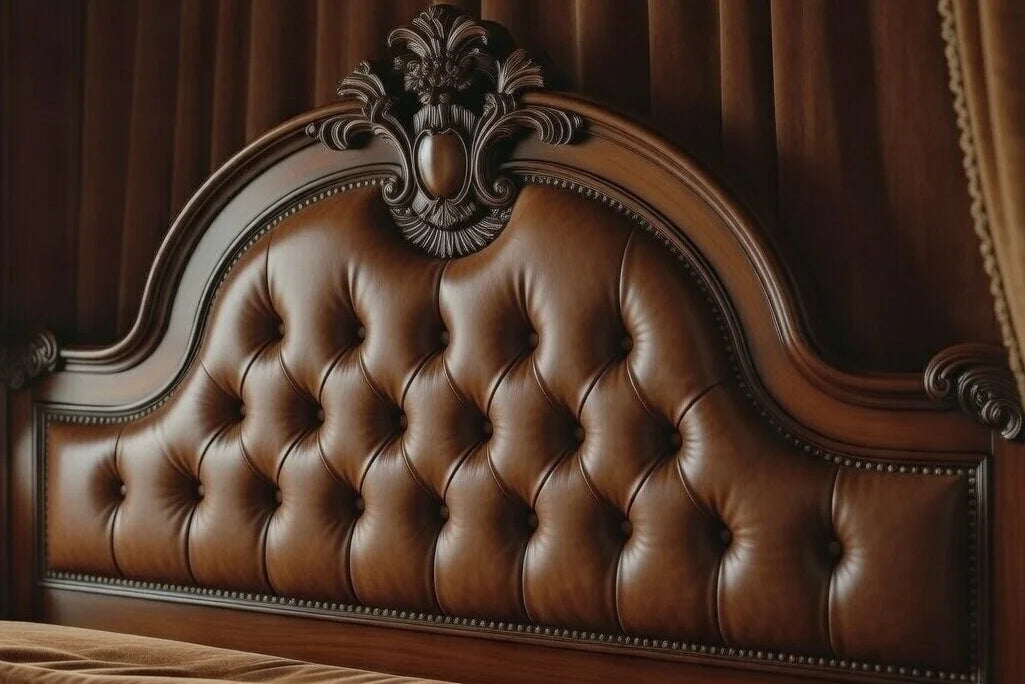 Close-up of a premium brown tufted leather headboard integrated into a hand-carved solid wood circular bed frame by Makin' It Home.