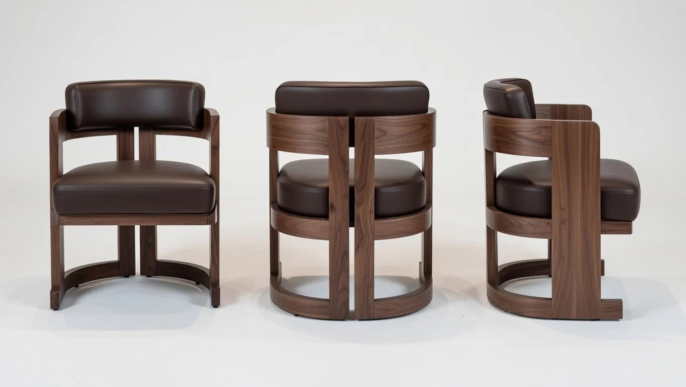 Luxury walnut swivel dining chair with curved open-frame back, padded dark brown leather seat, and sculpted solid walnut frame – front, side, and angled views