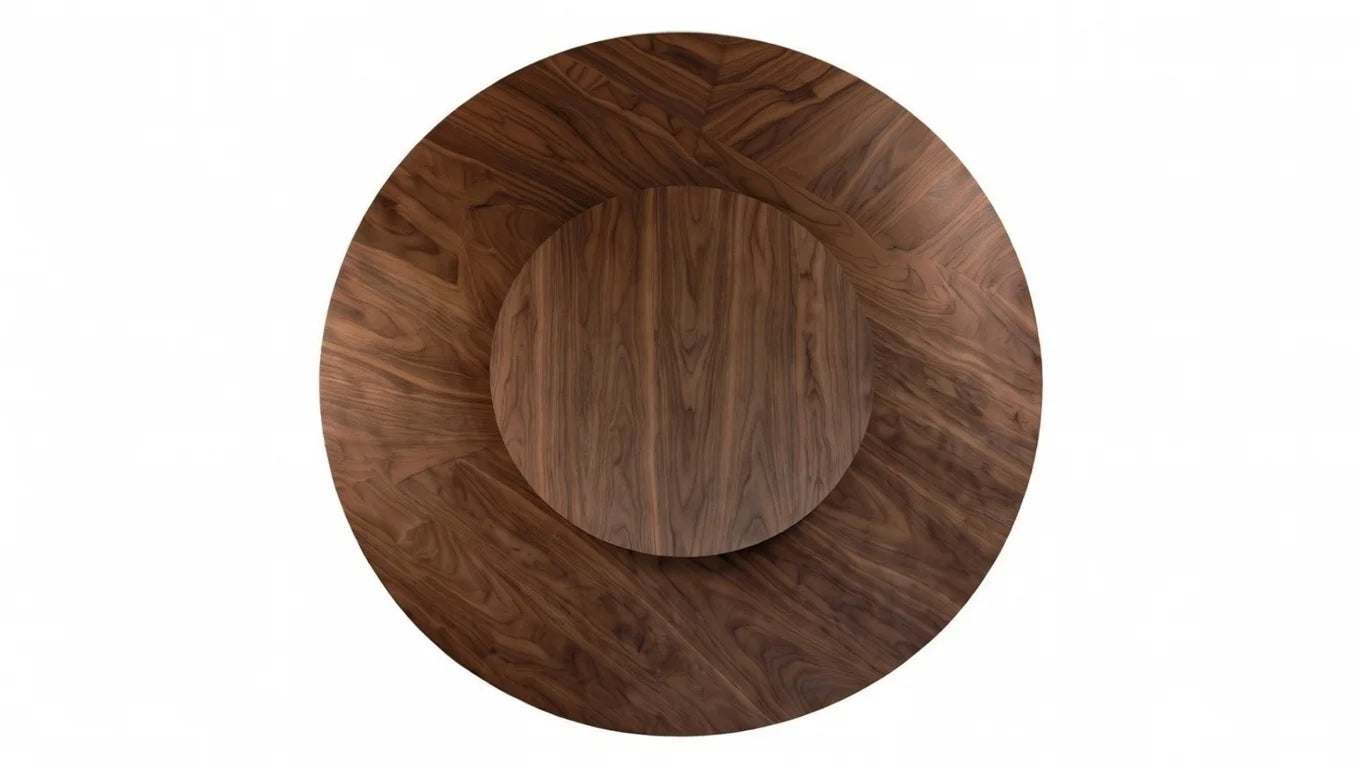 Luxury round walnut dining table top with intricate chevron parquet pattern and centered rotating lazy Susan in contrasting walnut grain