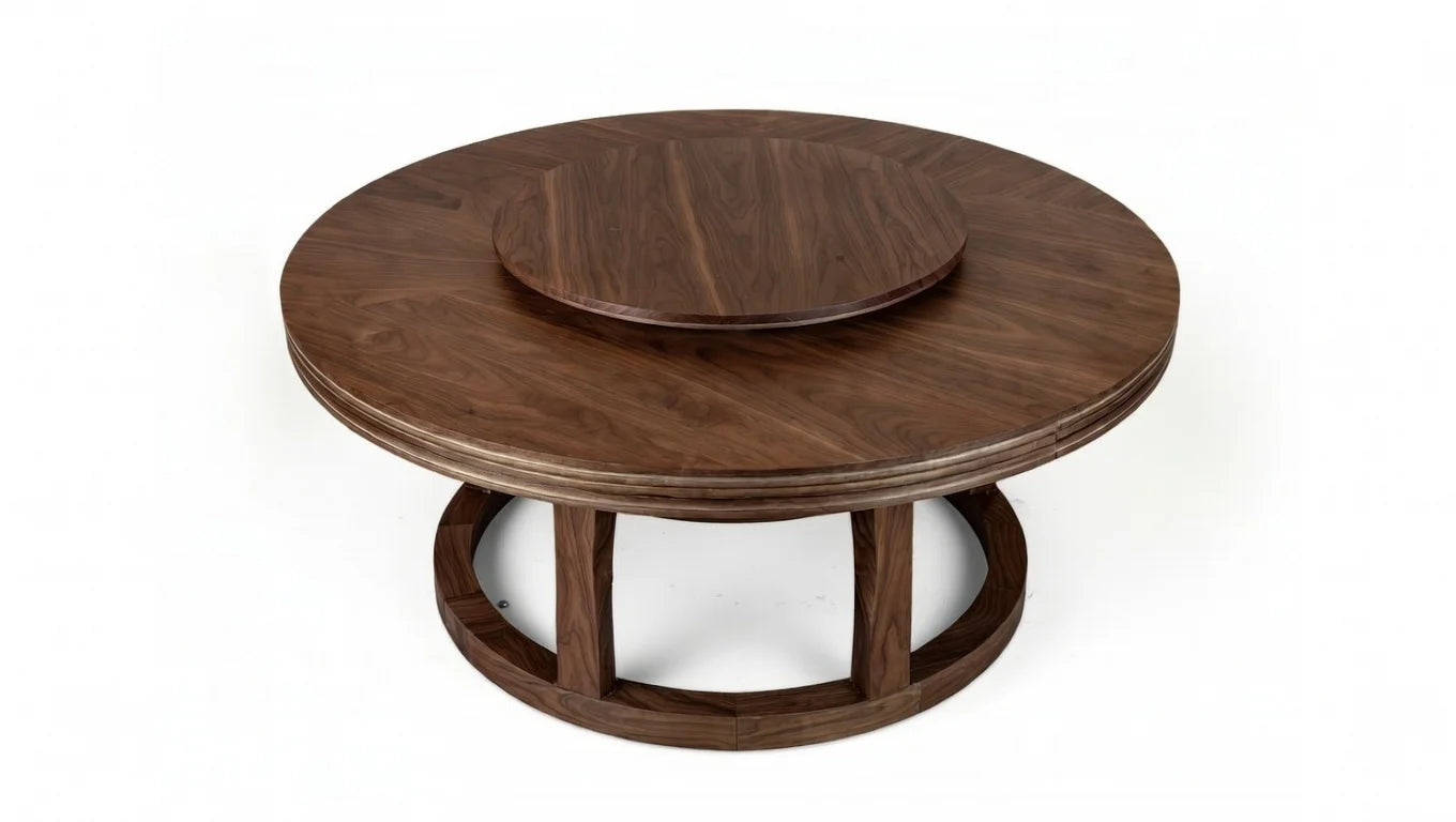 Handcrafted round walnut dining table with built-in lazy Susan, multi-tiered edge detailing, and elegant curved wooden base 