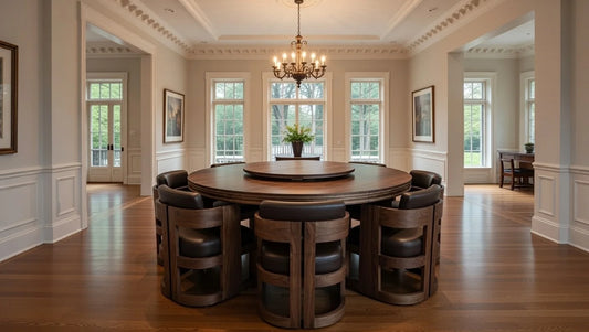 Premium solid walnut round dining table featuring expandable lazy Susan center, layered circular top design, and sturdy circular pedestal base