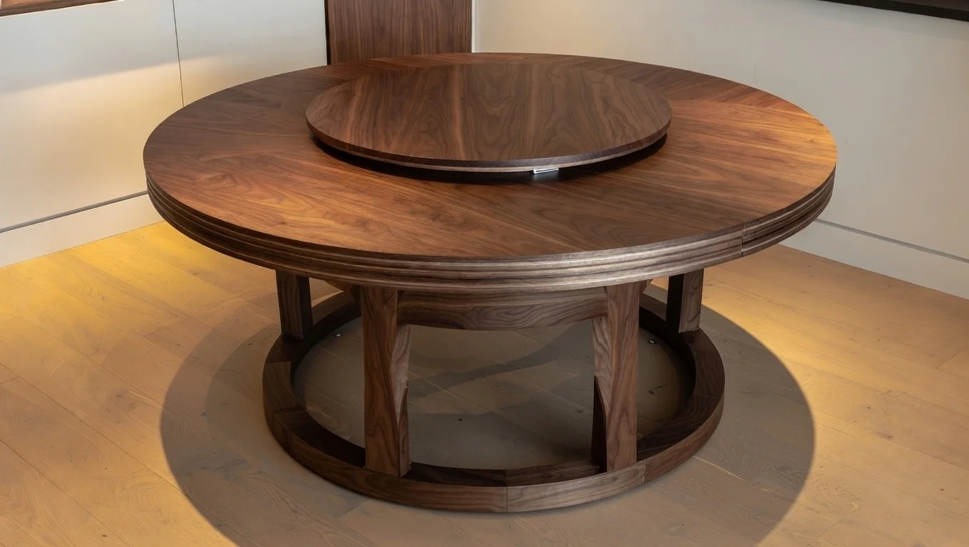 Handcrafted round walnut dining table with built-in lazy Susan, multi-tiered edge detailing, and elegant curved wooden base in modern interior