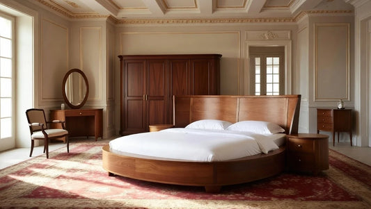Full luxury bedroom set featuring a solid teak round bed, 4-door wardrobe, dressing table, and matching nightstands in a classic interior.