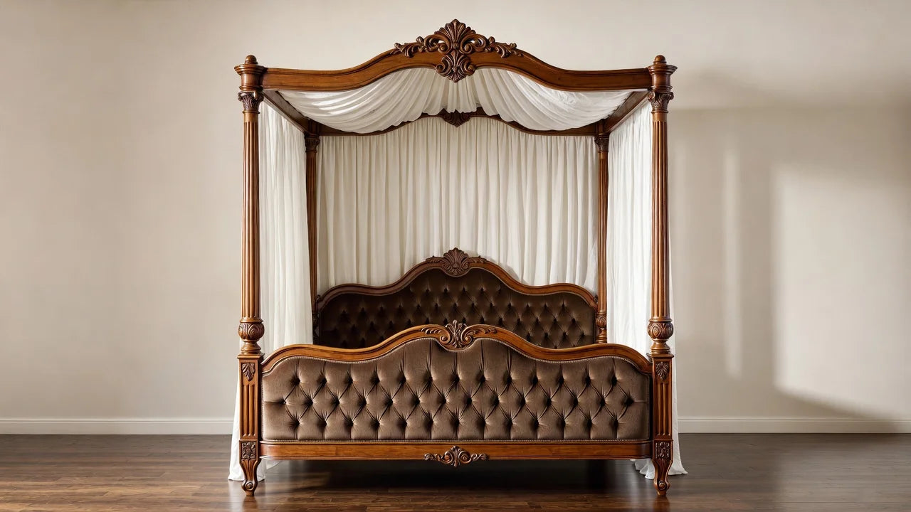 Full view of luxury Victorian hand-carved solid wood four-poster canopy bed with sheer drapes in a master suite.