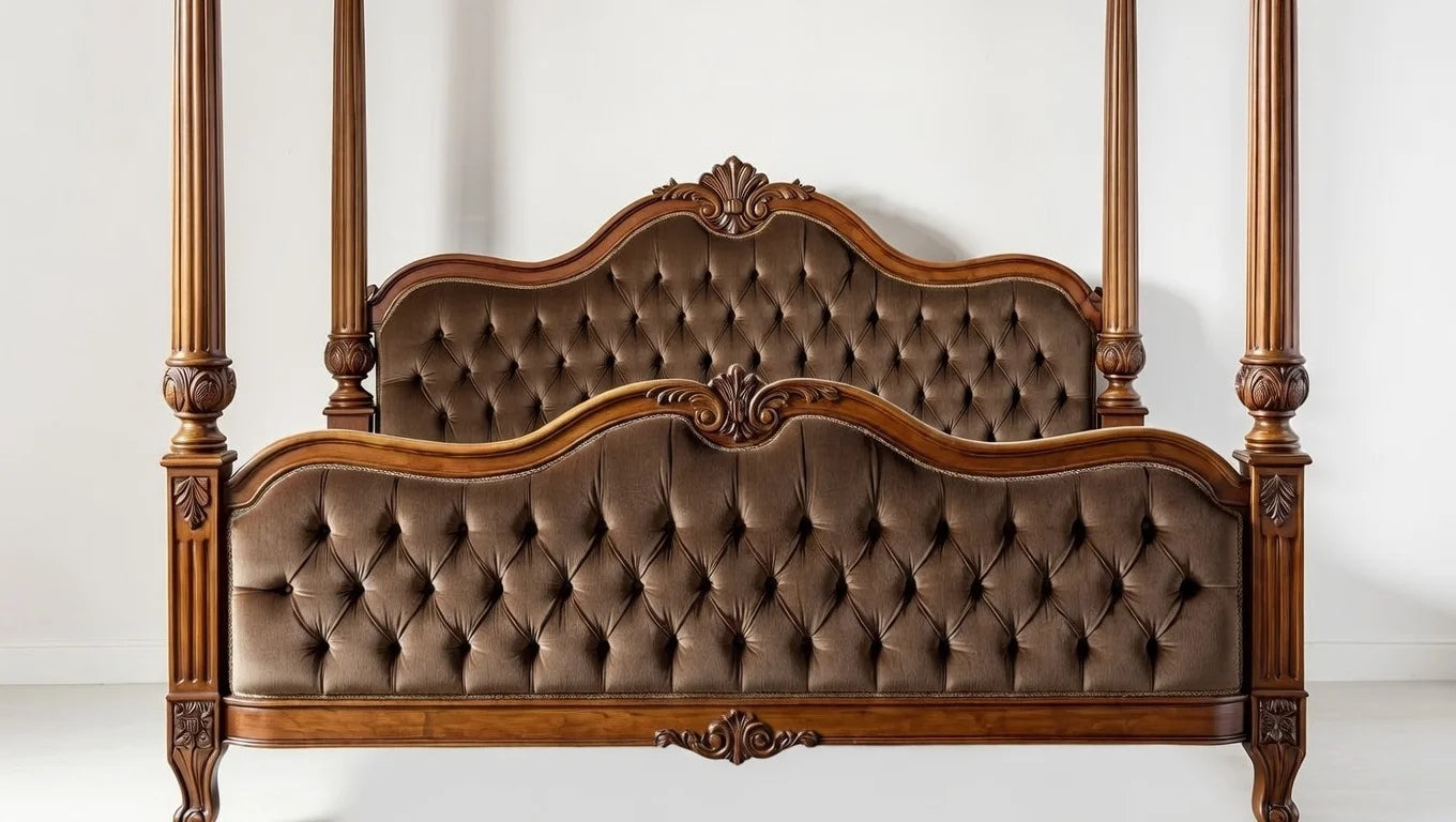 Decorative bed with tufted headboard and wooden frame on a white background