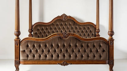 Decorative bed with tufted headboard and wooden frame on a white background