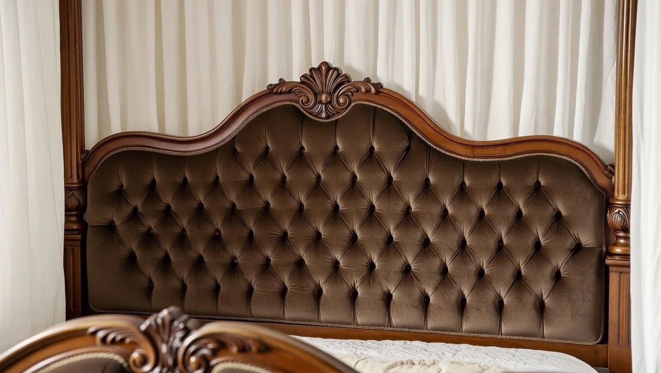 Close up detail of ornate hand-carved motifs on the solid mahogany headboard of the Victorian bed.