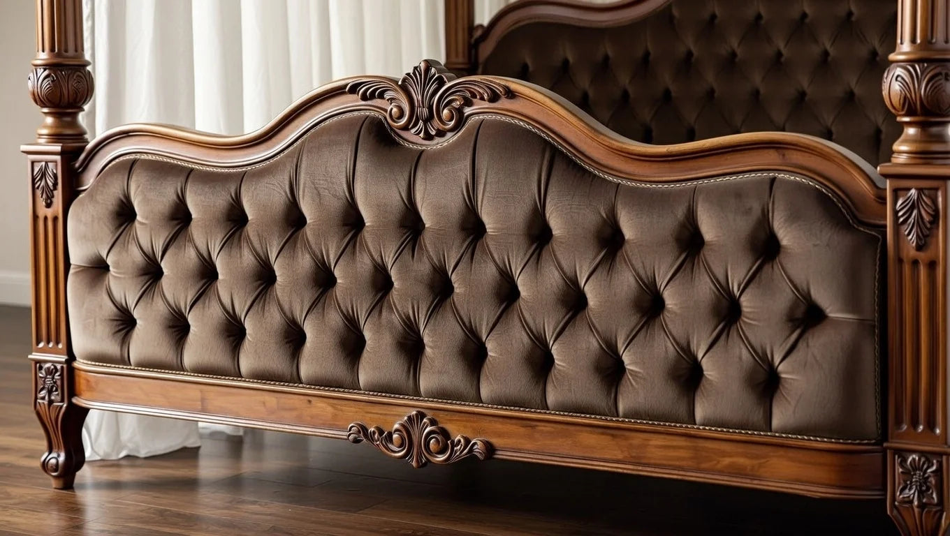 Detail shot showing heavy carved wooden posts and antique finish on the traditional canopy bed frame.