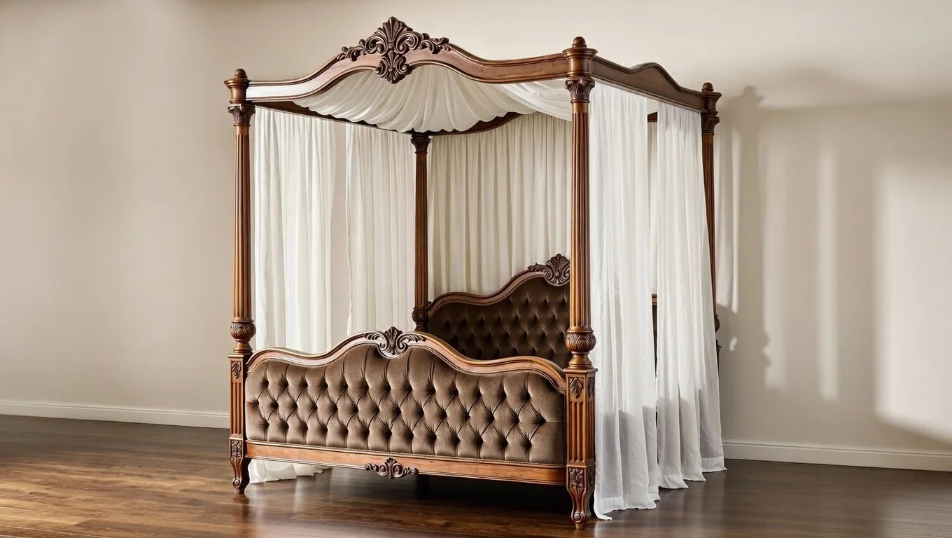 Side angle of grand Victorian canopy bed showing scale and draped canopy netting in a luxury bedroom setting.