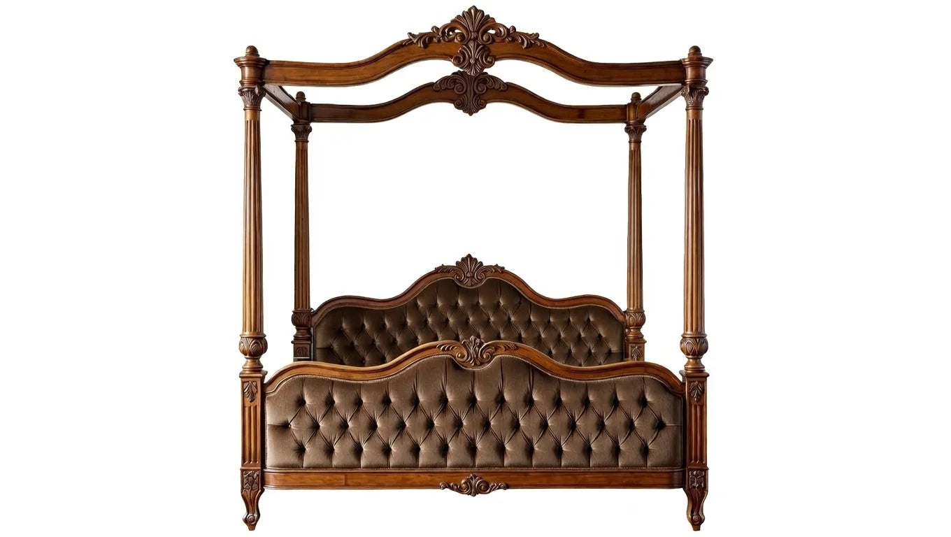 Wooden canopy bed with tufted brown headboard on a white background