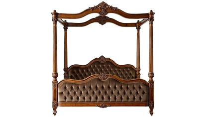 Wooden canopy bed with tufted brown headboard on a white background