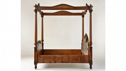Wooden canopy bed with a white background