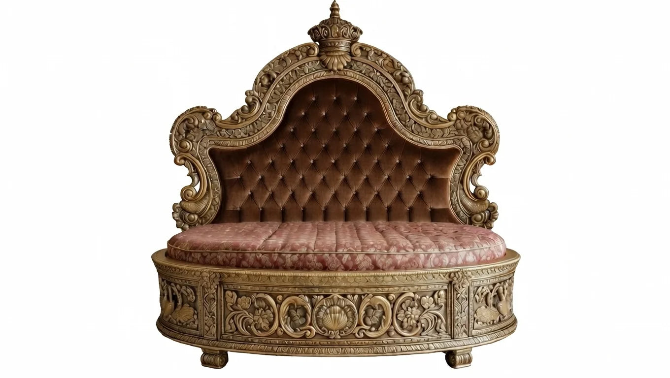 Front view of the Maharaja round bed showing the royal crown-shaped headboard, heavy gold floral carving, and deep button tufting
