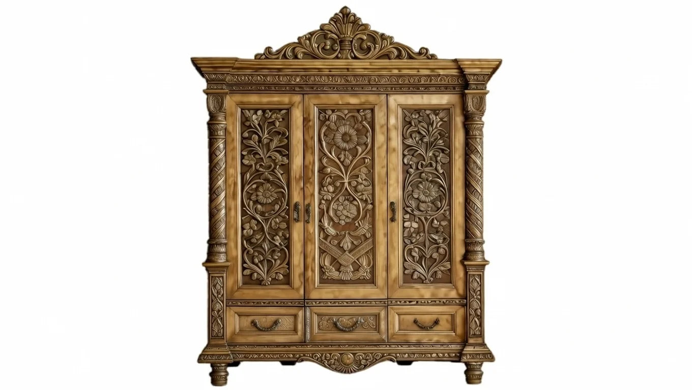 Three-door antique gold armoire with intricate floral relief carving, twisted pillars, and drawers